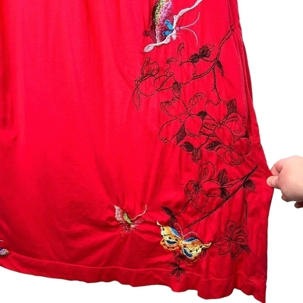 JW Los Angeles Johnny Was Red Multi Floral Butterfly Embroidered Dress Small